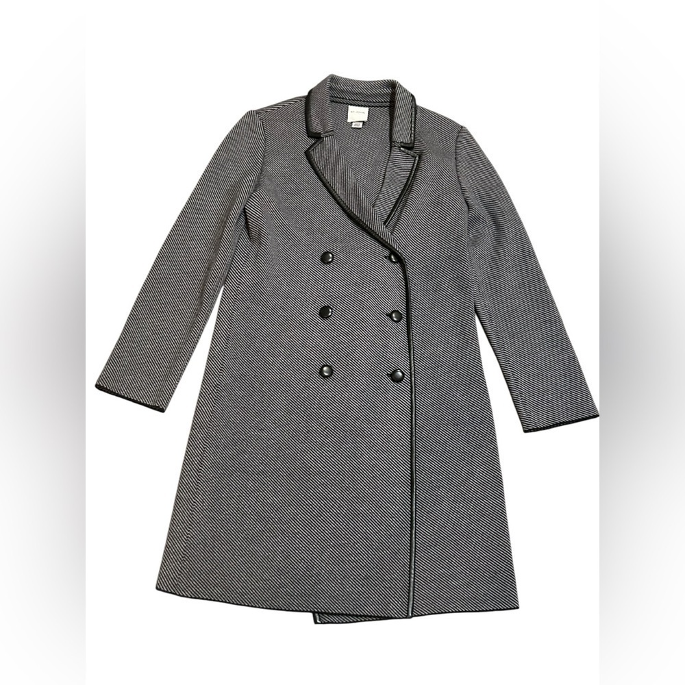 St John Graphic Twill Knit Double Breasted Trench Coat Grey Black Read